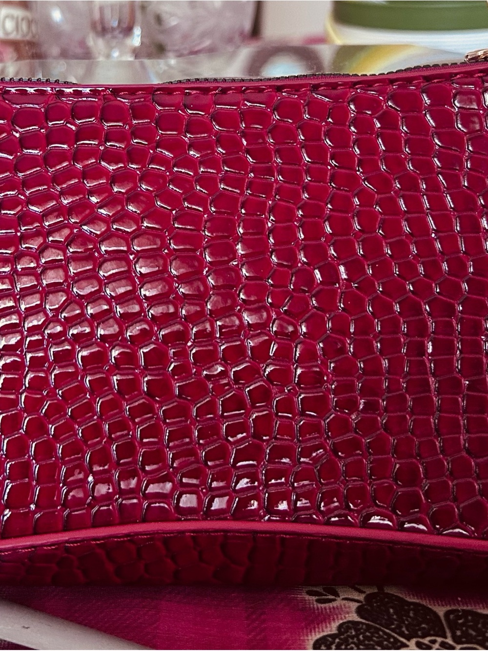 Croc-Embossed Patent Wristlet Clutch in Raspberry Pink
